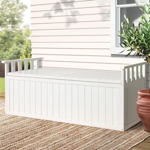 Gardeon Outdoor Storage Bench Box 129cm Wooden Garden Toy Chest Sheds Patio Furniture XL White - Image 9