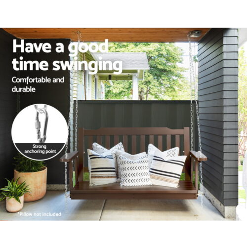 Gardeon Porch Swing Chair With Chain Outdoor Furniture Wooden Bench 2 Seat Brown - Image 6