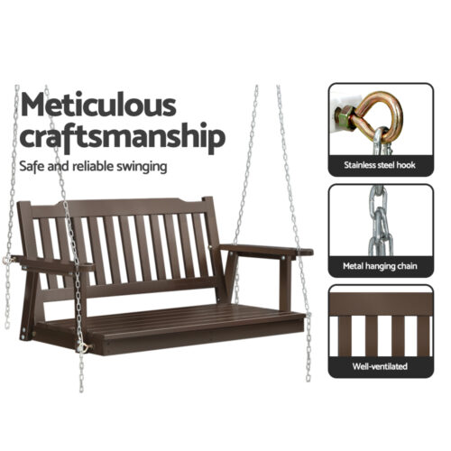 Gardeon Porch Swing Chair With Chain Outdoor Furniture Wooden Bench 2 Seat Brown - Image 7