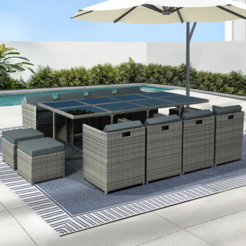 Gardeon Outdoor Dining Set 13 Piece Wicker Table Chairs Setting Grey - Image 7