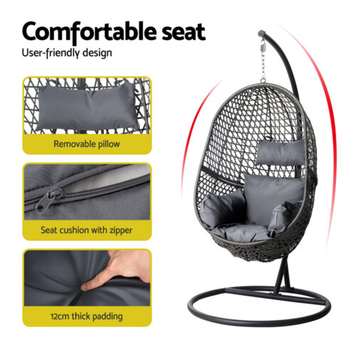 Gardeon Outdoor Egg Swing Chair Wicker Rattan Furniture Pod Stand Cushion Black - Image 6