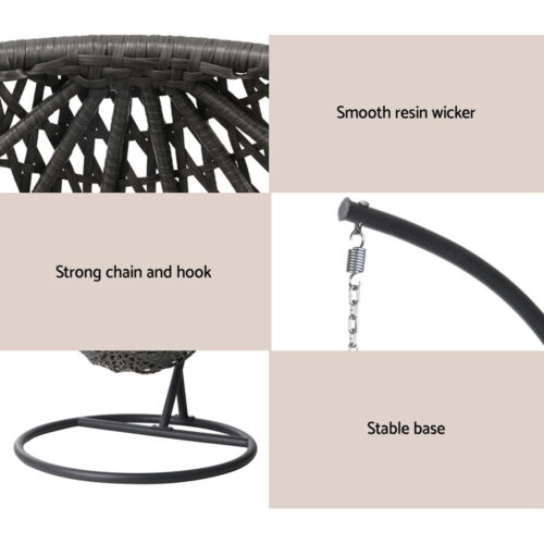 Gardeon Outdoor Egg Swing Chair Wicker Rattan Furniture Pod Stand Cushion Black - Image 8