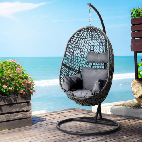 Gardeon Outdoor Egg Swing Chair Wicker Rattan Furniture Pod Stand Cushion Black - Image 9