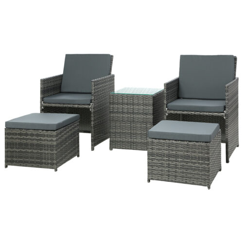 Gardeon 5PC Bistro Set Wicker Table and Chairs Ottoman Outdoor Furniture Grey - Image 2