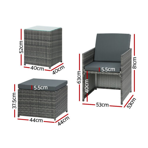Gardeon 5PC Bistro Set Wicker Table and Chairs Ottoman Outdoor Furniture Grey - Image 3