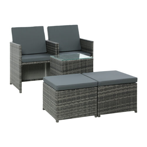 Gardeon 5PC Bistro Set Wicker Table and Chairs Ottoman Outdoor Furniture Grey - Image 4