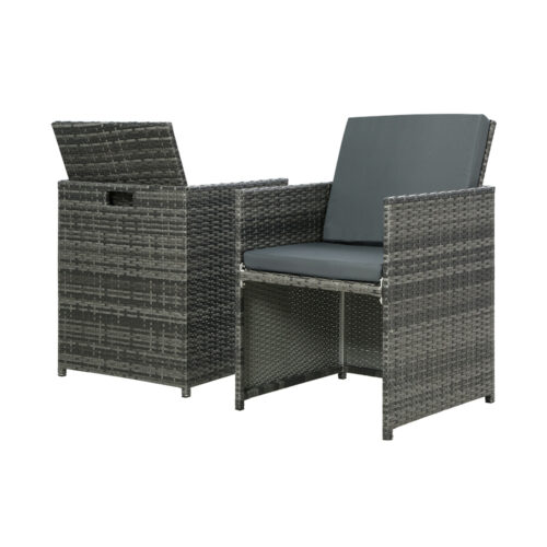 Gardeon 5PC Bistro Set Wicker Table and Chairs Ottoman Outdoor Furniture Grey - Image 5