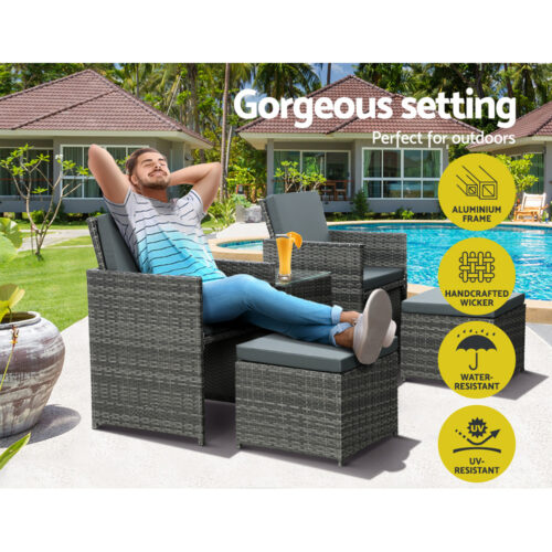 Gardeon 5PC Bistro Set Wicker Table and Chairs Ottoman Outdoor Furniture Grey - Image 6