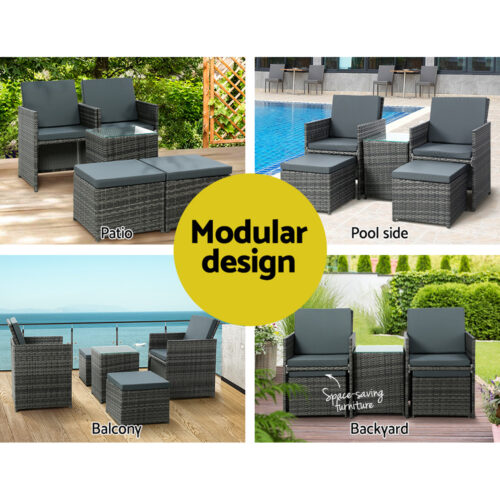 Gardeon 5PC Bistro Set Wicker Table and Chairs Ottoman Outdoor Furniture Grey - Image 8