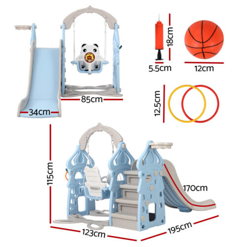 Keezi Kids Slide Swing Set Basketball Hoop Rings Outdoor Playground 170cm Blue - Image 3