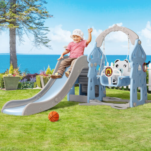 Keezi Kids Slide Swing Set Basketball Hoop Rings Outdoor Playground 170cm Blue - Image 9