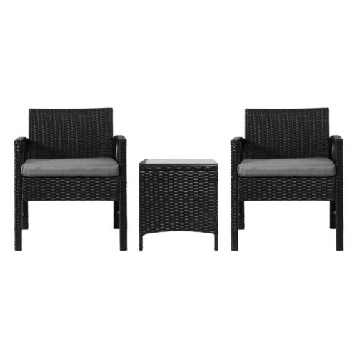 Gardeon 3PC Outdoor Bistro Set Patio Furniture Wicker Dining Chairs Table Cushion Black - Image 4