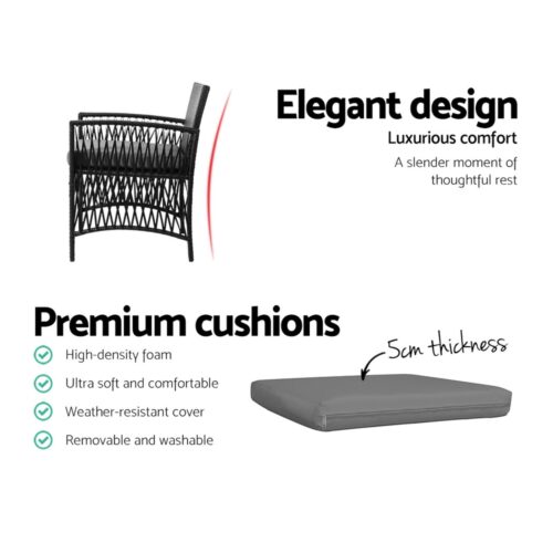Gardeon 3PC Outdoor Bistro Set Patio Furniture Wicker Dining Chairs Table Cushion Black - Image 8