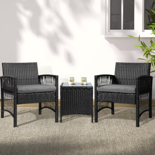 Gardeon 3PC Outdoor Bistro Set Patio Furniture Wicker Dining Chairs Table Cushion Black - Image 9