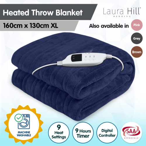 Laura Hill Heated Electric Blanket Coral Warm Fleece Winter Blue - Image 9