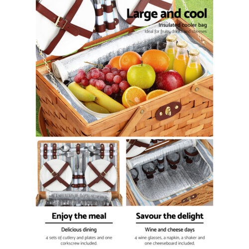 Alfresco 4 Person Picnic Basket Set Wooden Blanket Bag Insulated - Image 5