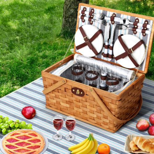 Alfresco 4 Person Picnic Basket Set Wooden Blanket Bag Insulated - Image 7