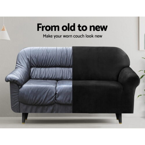 Artiss Sofa Cover Couch Covers 4 Seater Velvet Black - Image 5