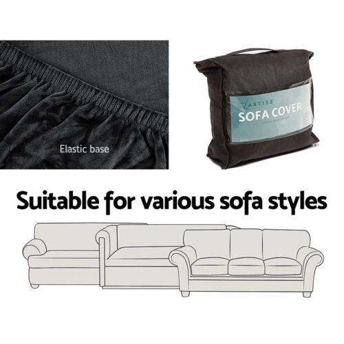 Artiss Sofa Cover Couch Covers 4 Seater Velvet Black - Image 6
