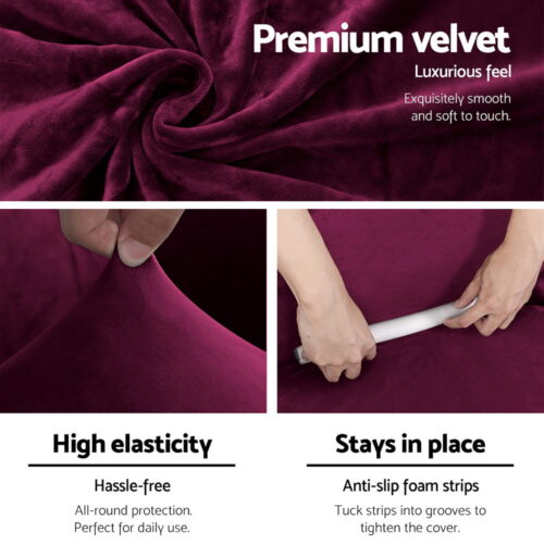 Artiss Sofa Cover Couch Covers 1 Seater Velvet Ruby Red - Image 4