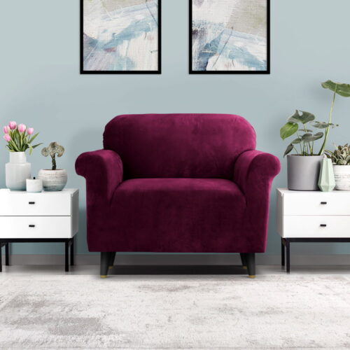 Artiss Sofa Cover Couch Covers 1 Seater Velvet Ruby Red - Image 9