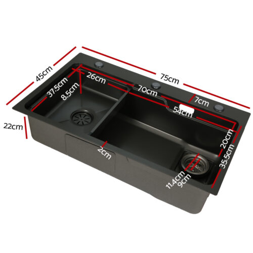 Cefito Kitchen Sink 75X45CM Stainless Steel Basin Single Bowl Drain Part Black - Image 3
