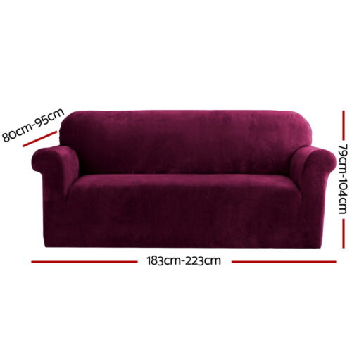 Artiss Sofa Cover Couch Covers 3 Seater Velvet Ruby Red - Image 3