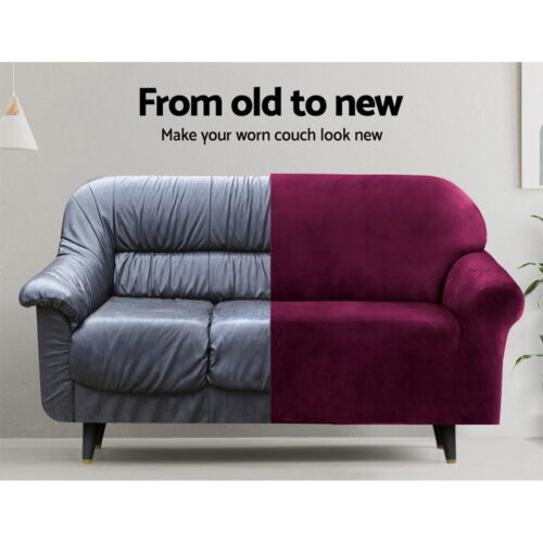 Artiss Sofa Cover Couch Covers 3 Seater Velvet Ruby Red - Image 5