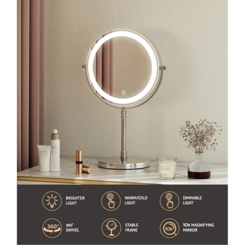Embellir Makeup Mirror 20x20cm 10X Magnifying with LED Light Rotation Tabletop - Image 6