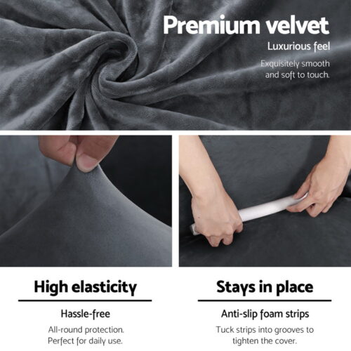 Artiss Sofa Cover Couch Covers 3 Seater Velvet Grey - Image 4