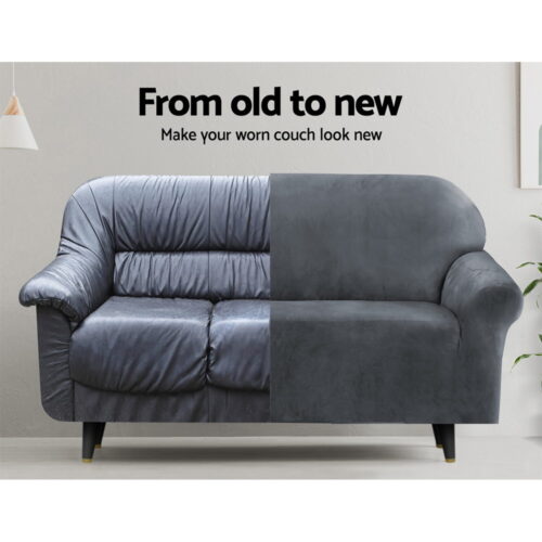 Artiss Sofa Cover Couch Covers 3 Seater Velvet Grey - Image 5