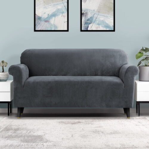 Artiss Sofa Cover Couch Covers 3 Seater Velvet Grey - Image 9