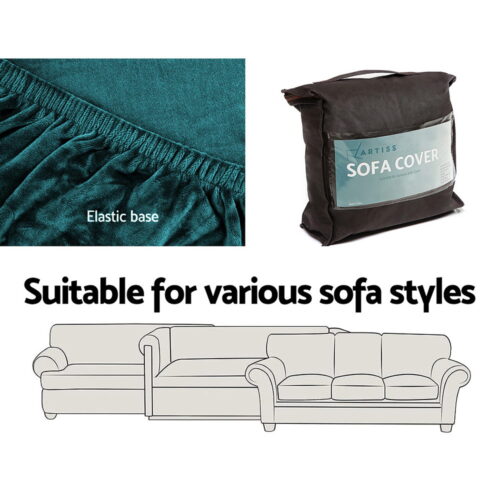 Artiss Sofa Cover Couch Covers 3 Seater Velvet Agate Green - Image 6