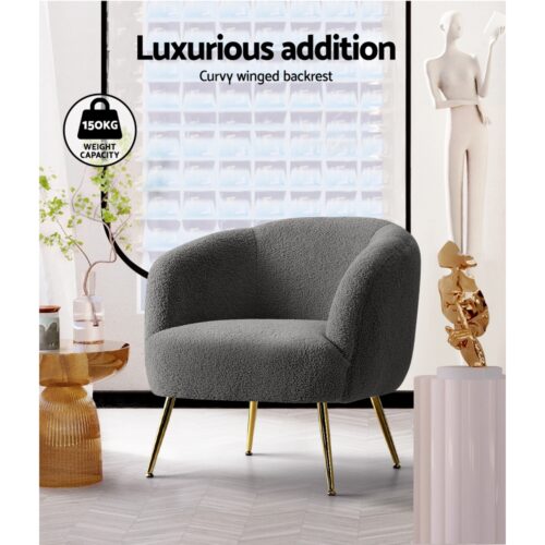 Artiss Armchair Lounge Chair Accent Chairs Arm Armchairs Sherpa Boucle Charcoal - Image 6