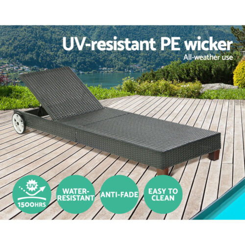 Gardeon Sun Lounge Wicker Lounger Outdoor Furniture Day Bed Wheels Patio Black - Image 5