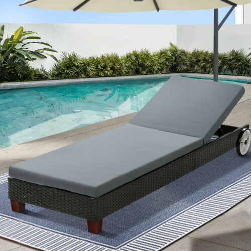 Gardeon Sun Lounge Wicker Lounger Outdoor Furniture Day Bed Wheels Patio Black - Image 7