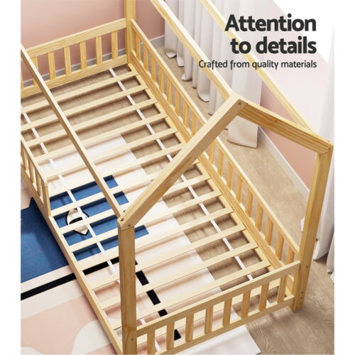 Artiss Bed Frame Wooden Kids House Frame Oak ROCK - Image 5