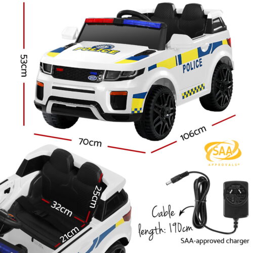 Rigo Kids Electric Ride On Patrol Police Car Horn Music Remote White - Image 2