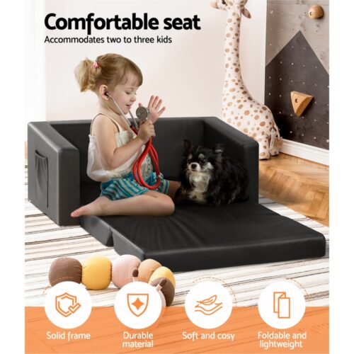 Keezi Kids Sofa 2 Seater Children Flip Open Couch PU Leather Armchair Black - Image 6