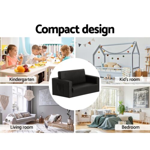 Keezi Kids Sofa 2 Seater Children Flip Open Couch PU Leather Armchair Black - Image 8