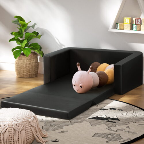 Keezi Kids Sofa 2 Seater Children Flip Open Couch PU Leather Armchair Black - Image 9