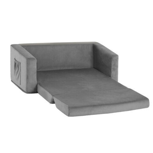 Keezi Kids Sofa 2 Seater Children Flip Open Couch Velvet Armchair Grey - Image 2