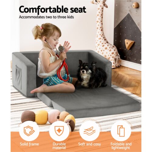 Keezi Kids Sofa 2 Seater Children Flip Open Couch Velvet Armchair Grey - Image 6