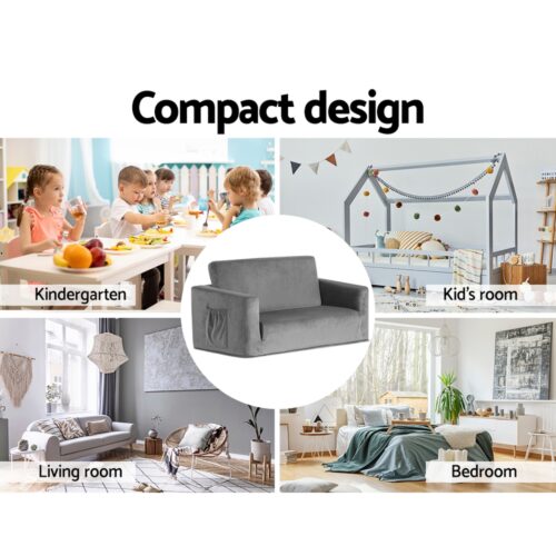 Keezi Kids Sofa 2 Seater Children Flip Open Couch Velvet Armchair Grey - Image 8