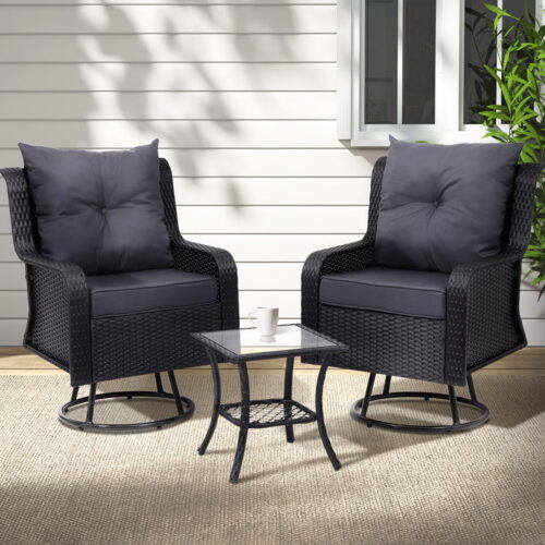 Gardeon 3PC Outdoor Furniture Bistro Set Lounge Wicker Swivel Chairs Table Cushion Black - Image 7