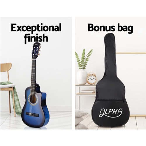 Alpha 34 Inch Classical Guitar Wooden Body Nylon String w/ Stand Beignner Blue - Image 4