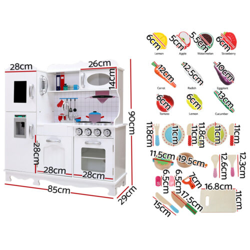 Keezi Kids Kitchen Play Set Wooden Pretend Toys Cooking Children Food White - Image 3