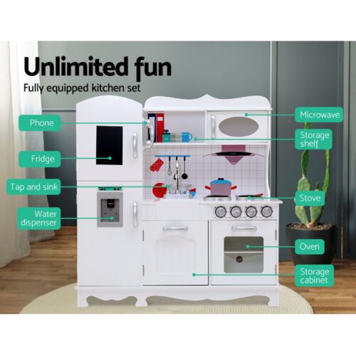 Keezi Kids Kitchen Play Set Wooden Pretend Toys Cooking Children Food White - Image 6