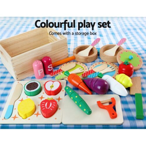 Keezi Kids Kitchen Play Set Wooden Pretend Toys Cooking Children Food White - Image 8