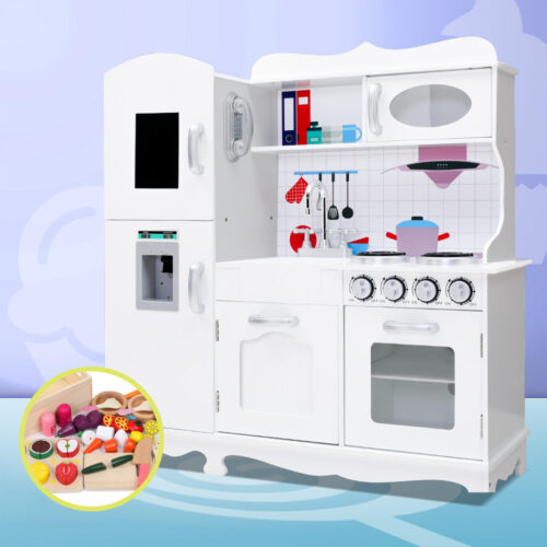 Keezi Kids Kitchen Play Set Wooden Pretend Toys Cooking Children Food White - Image 9